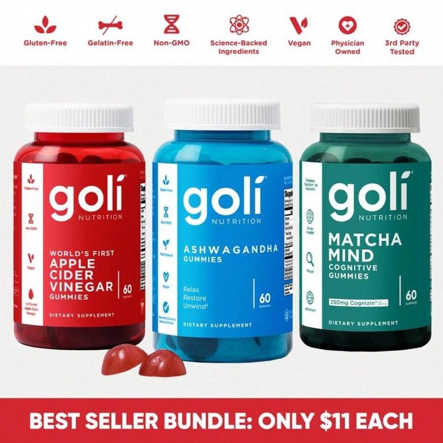 3 Bottles Of Goli Best Seller Bundle: Ashwagandha KSM-66, Apple Cider Vinegar, Matcha Mind Supplement With Cognizin, Vitamins D2 And B12 - 666g - Xem 1