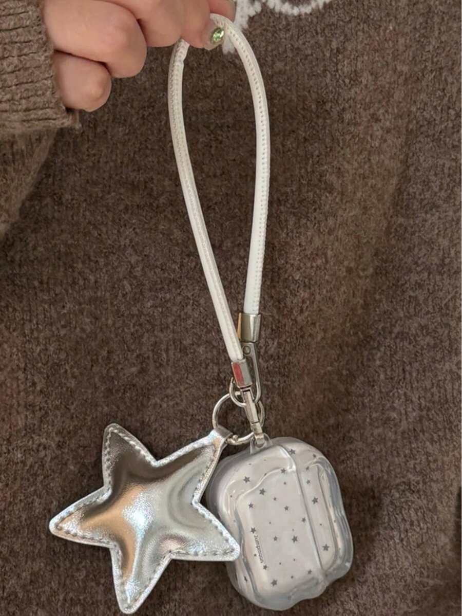 Translucent Minimalist Silver Star 4/Pro/ 3 Protective Case, Soft Silicone Bluetooth Earphone Cover With Strap Compatible With Apple 2/3 - White - View 1