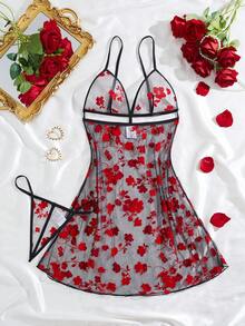 Women's Burgundy Sexy Sheer Camisole Nightgown With Matching Sexy Low-Waist Sheer Thong Panty Set - Burgundy - View 1
