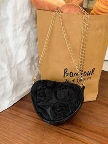 新款独特小众玫瑰蕾丝晚宴包，时尚别致斜挎包，简约单隔层包 - 黑色 - 查看 12