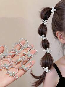 20Pcs No Damage Pearl Bow Hair Ties, Red & Silver Elastic Hair Bands For Girls - Multicolor - View 10