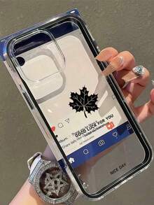 1pc Fashion Maple Leaf & English Text Pattern Black Frame Transparent Full Body Shockproof Minimalist Phone Case, Suitable For IPhone 11/12/13/14/15/16/17 Pro Max, Unisex - متعدد الألوان - مشاهدة 3