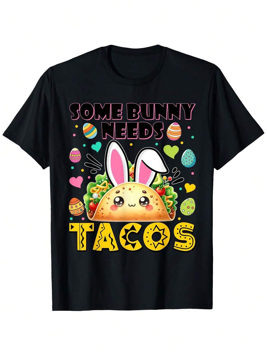 Camiseta divertida con estampado de conejito y tacos - Camiseta unisex de corte holgado, ideal para Pascua, regalos para jubilados, profesores, compañeros de trabajo y padres (ropa informal para eventos de primavera), algodón de 180 g/m², camisetas navideñas para hombre y mujer, tallas S-XXXL, color negro. - Negro - Ver 1