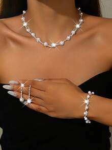 1 Set Pearl & Crystal Jewelry Set, Shiny Faux Pearl + Full Rhinestone Encrusted, Copper Material, Bridal Bridesmaid Wedding Accessories, Anniversary Gift - 621747 Pearl Set - View 10