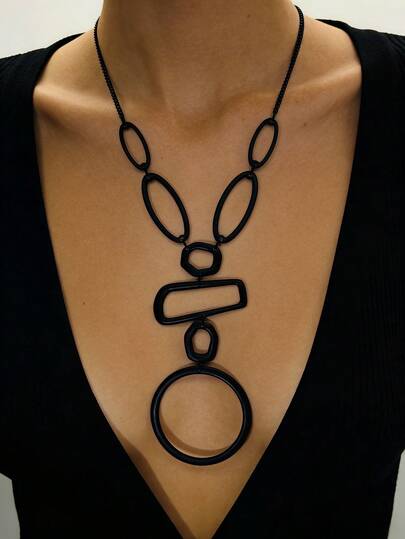 1pc Fashionable Elegant Geometric Hollow Circle & Rectangle Splice Long Necklace, Metal Style Jewelry, Suitable For Party Dress