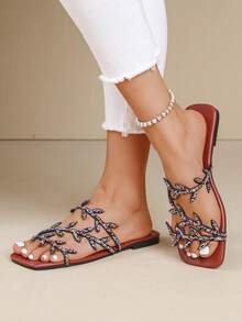 Sandalias planas con puntera cuadrada y hojas con rhinestones para mujer, estilo elegante y lujoso adecuado para uso diario, citas, fiestas y vacaciones - Sandalias planas con puntera cuadrada, hojas y rhinestones en color plateado, Sandalias planas con puntera cuadrada, hojas y rhinestones de colores - Negro - Ver 8