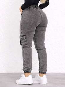 Women's High-Waisted Cargo Jeans, Jogger Style, Skinny, Shaping, Casual With Side Pockets - 大理石紋水洗 - 查看 2