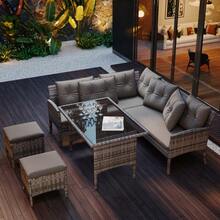 Poly Rattan Dining Set, Garden Furniture, Patio Set For 7 People, Including Sofa, Table, Stool And Cushions, Removable And Washable Cover, Grey - C - View 3