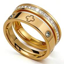 1 Set Of 2 Stainless Steel Clover Titanium Steel Rings, Single Row Design Minimalist Cubic Zirconia Gold Plated Stackable Rings For Women, Suitable For Daily Wear, Best Gift For Relatives, Friends, And Mothers - Four-leaf Clover Set Gold - View 3