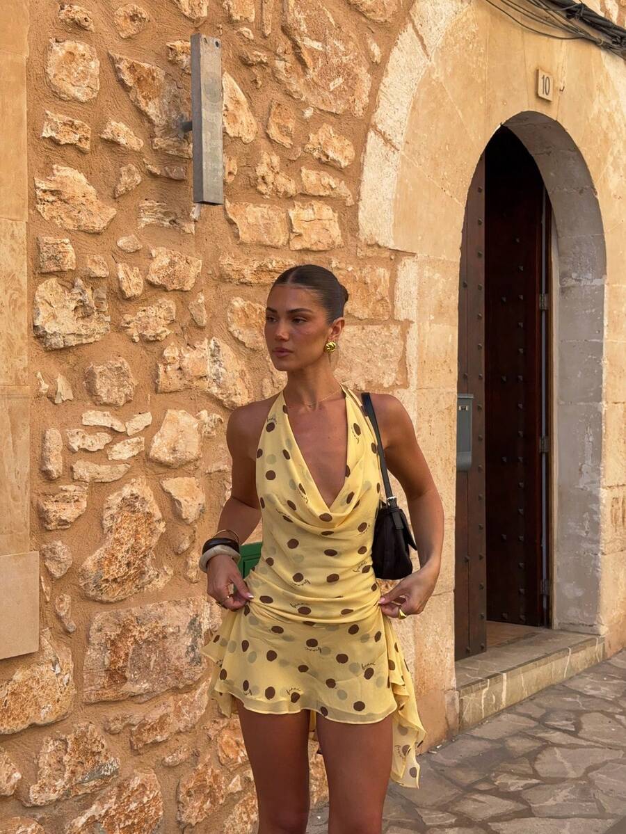 Vestido corto sin mangas de mujer con lunares amarillos, estilo bohemio adecuado para salidas, playa, fiestas, cumpleaños, moda versátil de vacaciones de verano - Multicolor - Ver 1