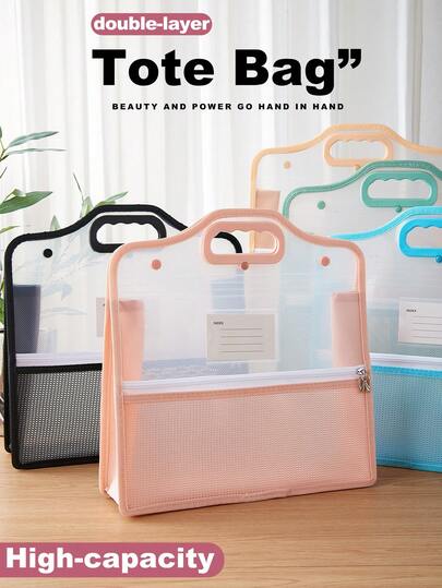 1 pieza Bolso de tela de doble capa, carpeta de documentos, bolso de tela para estudiar, con bolsillo delantero con cremallera de malla - Ligero y resistente al agua, organizador escolar para estudiantes, tutores, profesores, oficina