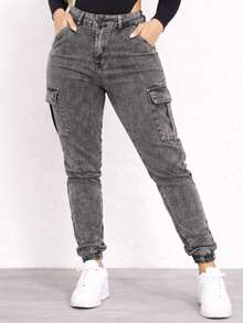 Women's High-Waisted Cargo Jeans, Jogger Style, Skinny, Shaping, Casual With Side Pockets - 大理石紋水洗 - 查看 1