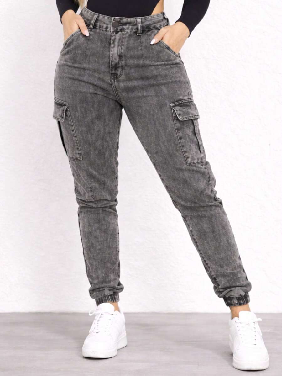 Women's High-Waisted Cargo Jeans, Jogger Style, Skinny, Shaping, Casual With Side Pockets - 大理石紋水洗 - 查看 1