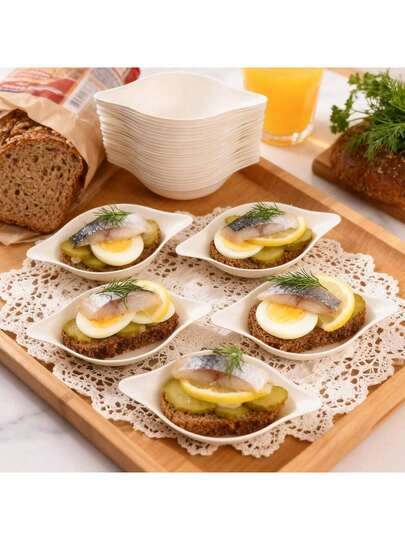 Bộ 50/25 đĩa, khay và đĩa chấm làm từ sợi mía phân hủy sinh học, thích hợp dùng để đựng nước chấm, bánh ngọt, gia vị sushi, bơ, ly tráng miệng. Tuyệt vời cho đám cưới, tiệc tùng, ngày lễ, nhà bếp gia đình, nhà hàng, du lịch, đồ dùng bàn ăn, phụ kiện nhà bếp, quà tặng Ngày của Mẹ.