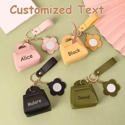Monedero con forma de bolso mini personalizado con grabado, billetera de llavero de cuero PU personalizada con nombre/texto, bolsa con espejo con diseño de flor para monedas y artículos pequeños, regalo ideal para niñas, niños y cumpleaños