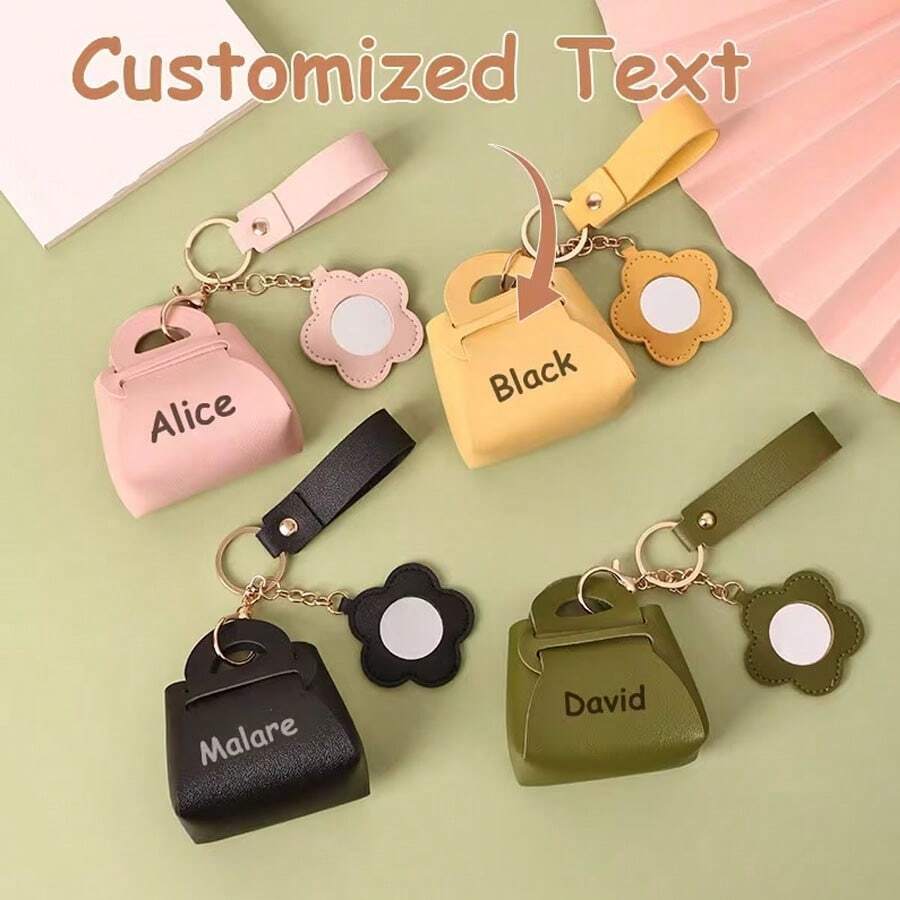 Portamonete a forma di mini borsa personalizzato con incisione, portachiavi in pelle PU personalizzato con nome/testo, custodia a specchio a forma di fiore carina per monete e piccoli oggetti, regalo ideale per ragazze, bambini e compleanni - Multicolore - Visualizzare 1