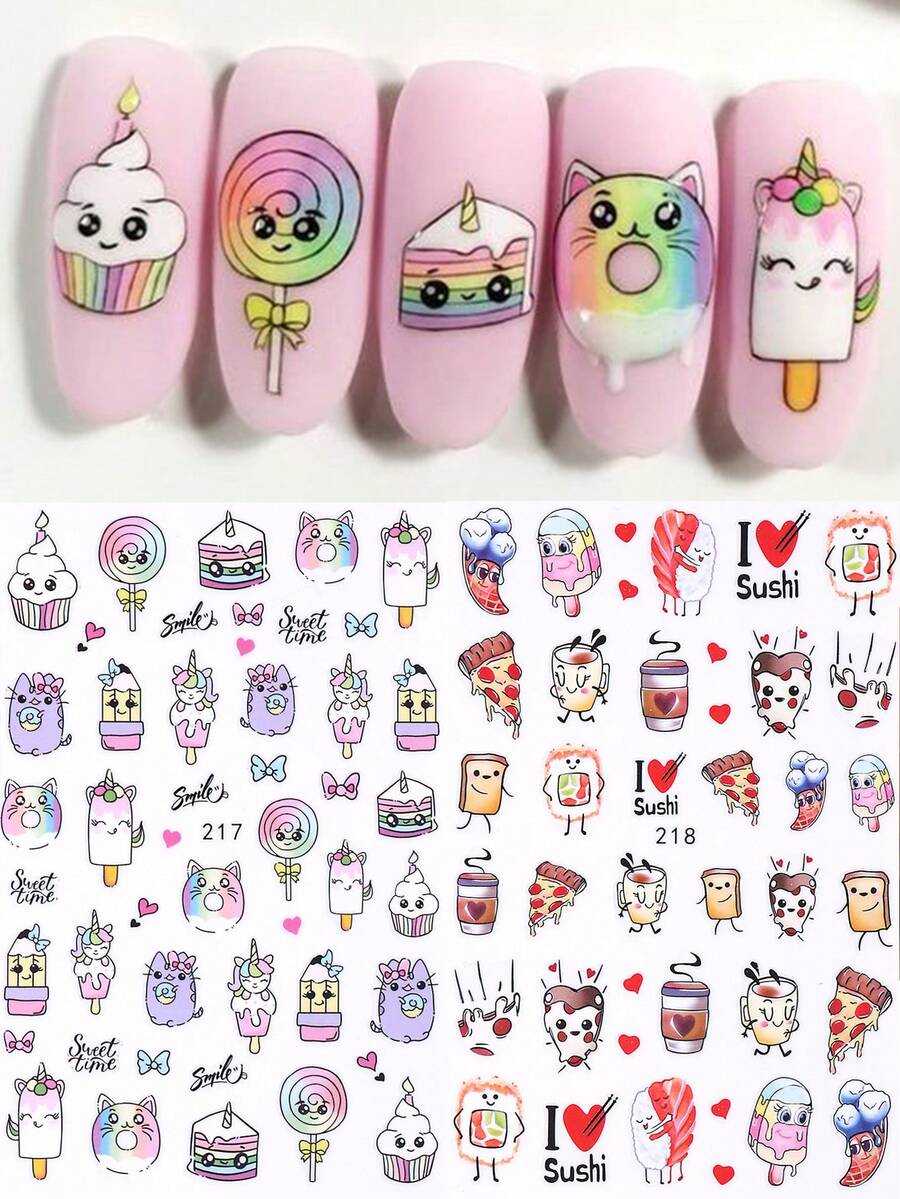 3D卡通冰淇淋美甲贴纸2片装，可爱趣味猫咪独角兽蛋糕棒棒糖寿司披萨面包甜点美食设计DIY可爱自粘凝胶指甲油贴纸滑块美甲装饰 - 彩色 - 查看 1
