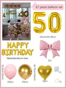 67件組粉色與金色生日派對裝飾套組，金色生日快樂橫幅，粉色蝴蝶結鋁箔氣球，適用於生日派對用品、驚喜派對、公主生日派對、房間裝飾、週年慶祝鋁箔氣球裝飾 - 金色數字生日 - 查看 15