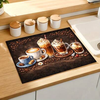 1pc Coffee Pattern Absorbent Drying Mat, Kitchen Decor Coffee Maker Pad, Handmade Coffee Pot Draining Mat, Kitchen Floor Mat, Dining Table Mat, Kitchen Counter Bowl Drying Pad, Coaster, Beverage Mat, Breakfast Mat, Heat-Resistant Anti-Slip Drying Mat, Diatomite Drying Mat, Hides Stains, Super Absorbent Kitchen Mat, Easy To Clean Dish Rack Mat, Suitable For Kitchen, Dining Table, Coffee Shop, Holidays, Parties, Home Decor, Holiday Gifts