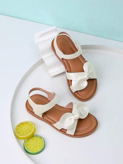 女童蝴蝶结装饰休闲日常罗马凉鞋，薄底，夏季