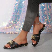 Black Flat Sandals With 3D Gold Bowknot Decor, Women Open Toe Slip-On - Black - View 3