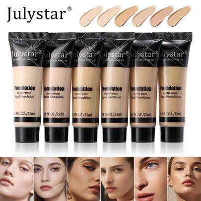 Julystar Fundación hidratante mate de 6 colores | Fundación líquida de cobertura completa de larga duración, acabado natural y suave, cobertura media a alta construible, control de aceite para el maquillaje facial, cosmético de tamaño de viaje, regalo para mujeres