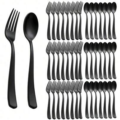 50/25-teiliges schwarzes Party-Besteckset - beinhaltet 50 Gabeln, 50 Löffel - wiederverwendbares Hochzeitsbesteckset für Partys, Feiertage, Weihnachtsdekoration, Dinnerpartys, Hochzeiten, Küche & Valentinstag