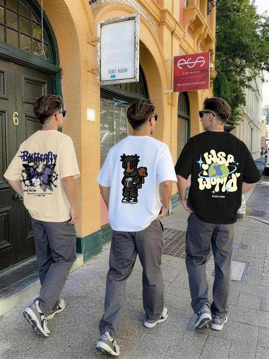 3件套青少年男童休闲印花T恤，酷炫街头风儿童夏季上衣，青少年衬衫 - 彩色 - 查看 1