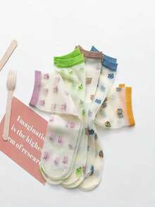 5/10 Pairs Random Women Spring/Summer Ultra-Thin Floral, Fruit, Animal, Crystal Patterned Sheer Socks, Cartoon/Anime Inspired, - Multicolor - View 5