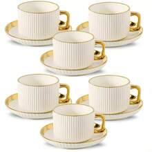 1set/6sets Luxury Gold-Rimmed Ceramic Tea Set, Including Coffee Cup And Saucer, Dishwasher . Perfect For Home Kitchens, Table Decorations, Afternoon Tea, Coffee Parties, Personalized Gifts, Kitchenware, Celebrations, Parties, Birthdays, Weddings, And Dinner Parties. A Wonderful Valentine's Day Gift, Mother's Day Gift, Father's Day Gift, Teacher's Gift, Graduation Gift (Iron Frame Shown In The Picture Is Not Included). - Multicolor - View 3