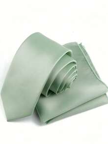 2件套绿色涤纶领带和手帕，6厘米窄领带，缎面质感，适合派对和休闲场合 - 薄荷綠 - 查看 1