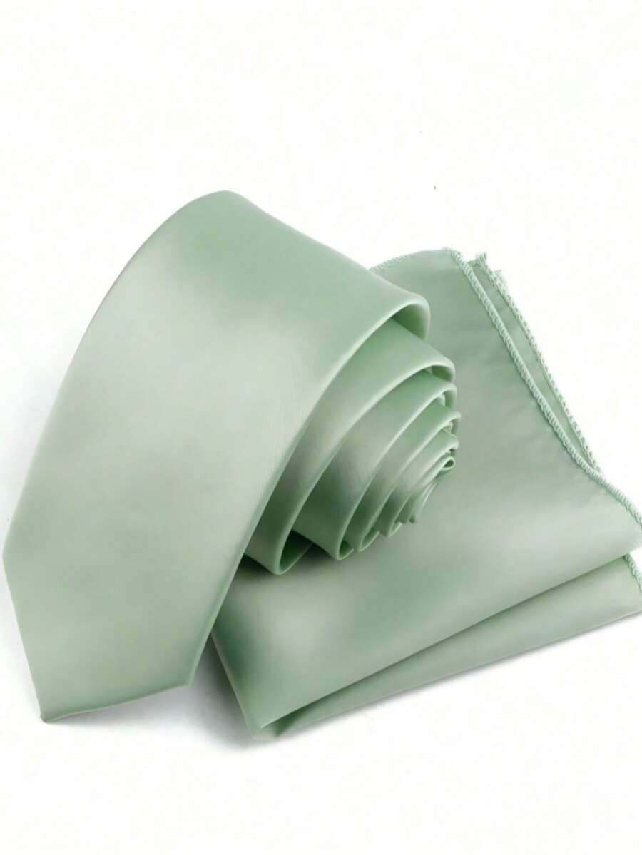 2件套绿色涤纶领带和手帕，6厘米窄领带，缎面质感，适合派对和休闲场合 - 薄荷綠 - 查看 1