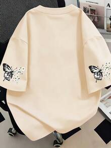 T-shirt imprimé lettres, fleurs et papillons, hauts d'été décontracté grande taille pour femmes, convient pour les vacances, la plage, le printemps, la fête des mères, le port quotidien, le mariage, la plage, le fitness, la remise des diplômes, les fêtes, un Top de printemps à la mode - Nude - Voir 2