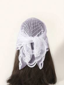 1pc Women's Embroidered Geometric Pattern Lace Trim Scarf, Casual Versatile Bandana - Multicolor - View 3