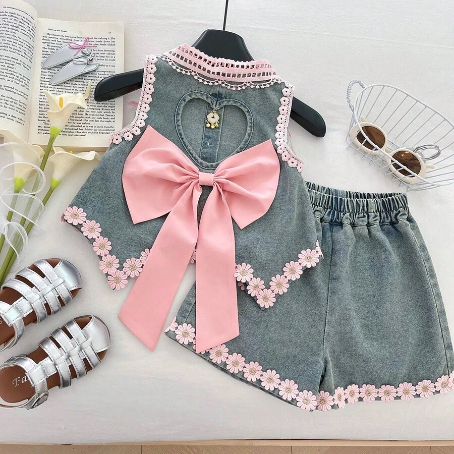 Girl's Summer Denim Set Backless Bow Flower Sleeveless Top + Denim Shorts 2Pcs - Medium Wash - View 1