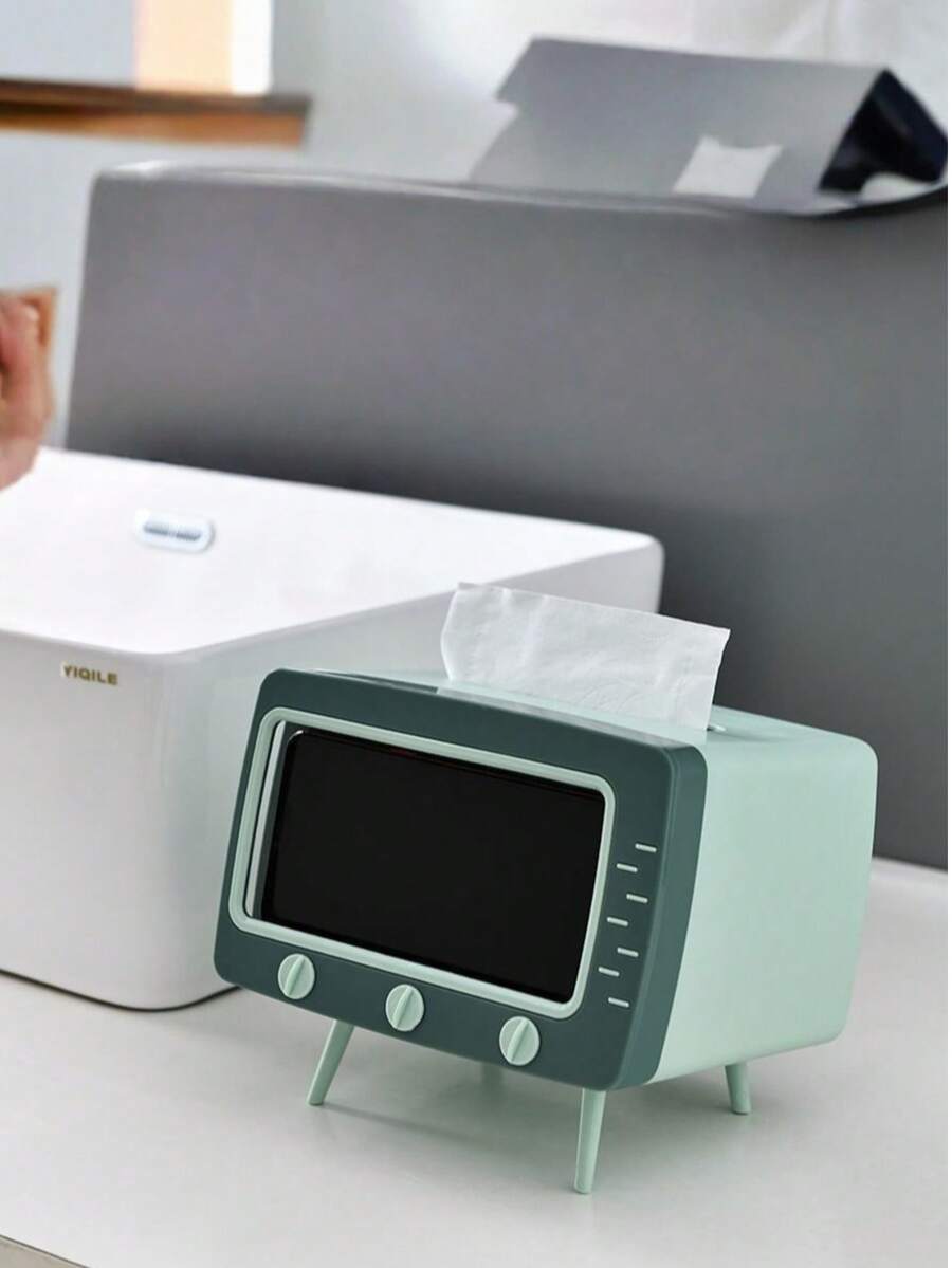 1 pieza Caja de pañuelos con temática de TV 2 en 1, caja de pañuelos 3D multifuncional con soporte para teléfono, adecuada para cocina, comedor, sala de estar, oficina y otros espacios. Decoración del hogar, caja de pañuelos, dispensador de pañuelos superior, dispensador de papel de cocina - Multicolor - Ver 1