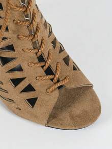 Wide Fit Women's Ankle Boots, Spring/Summer New Fashion Versatile Rear Zipper Lace-Up Hollow Sandals, Round Toe High Heel Lace-Up Outdoor Casual Party Holiday Commute Comfortable Plus Size Thick Heel Breathable Ankle Boots High Heel Sandals - Apricot - View 8