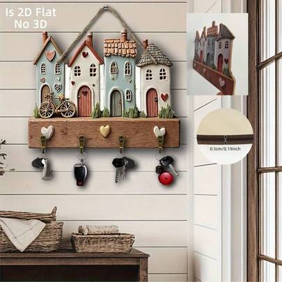 1pc 2D Wooden Multifunctional Key Holder - Key Storage Hook, Featuring "House Heart Bicycle" Pattern, Equipped With 4 Metal Hooks, Suitable For Wall, Porch, Room, Villa Decor And Seasonal Home Decor, No Electricity Required