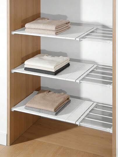 1pc Adjustable Plastic Extendable Partition Shelf, Suitable For Bedroom, Bookcase, Wardrobe, Vanity, Kitchen, Dorm, Apartment, No Drilling Required, Freely Adjustable Length, Sturdy And Stable. Space-Saving, Utilizes Narrow Gaps