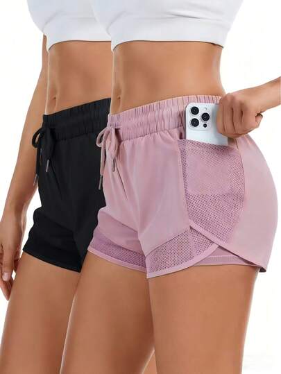 2 quần short thể thao nữ có túi - Quần short tập thể dục thoáng khí, nhanh khô, phù hợp cho phòng tập, chạy bộ và các hoạt động thể thao ngoài trời, cạp chun co giãn và dây rút điều chỉnh, có thể giặt máy, túi lưới, chất liệu nhanh khô