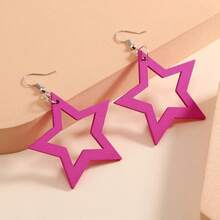 Wooden Minimalist Geometric Rose Pink Exaggerated Easy Punk Rock Y2K Star-Shaped Long Hollow Pendant Earrings Additions - 粉色 - 查看 4