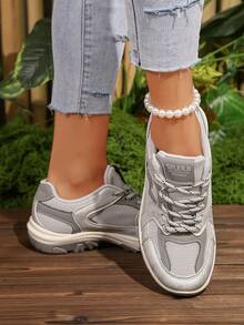 Women's Casual Sneakers, New Versatile Flat Slip-On Shoes, Fashionable Comfortable Lightweight Lace-Up Running Shoes, Breathable Round Toe Trainers - Light Grey - View 4