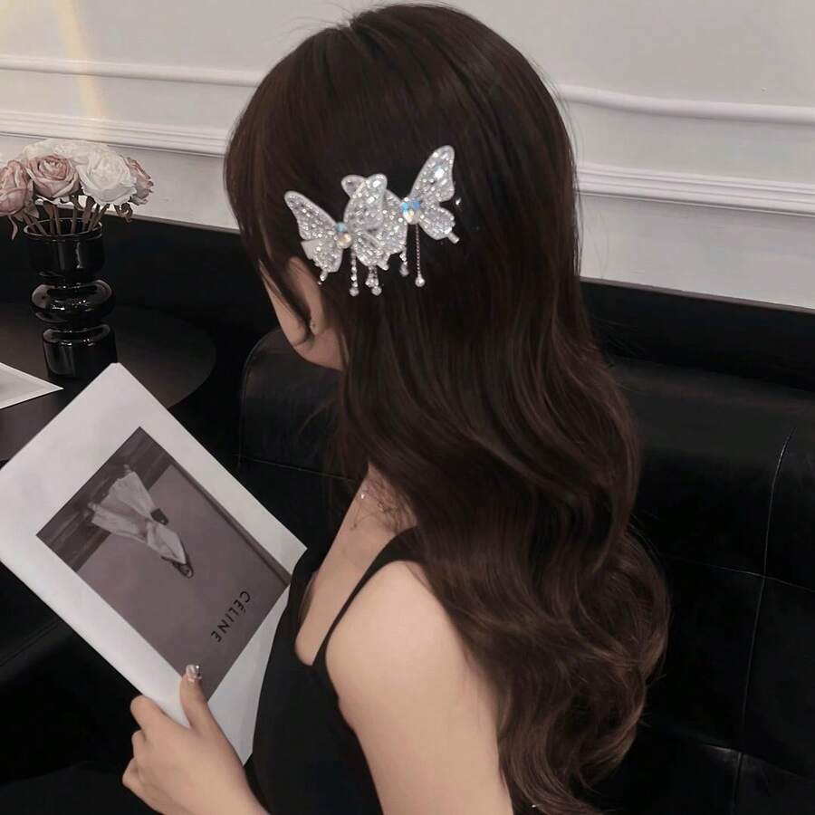 2pcs Women's Suitable Sweet, Elegant, Shiny Rhinestone Butterfly Tassel Duckbill Clip Hair Clip For Daily Use - Silver - View 1