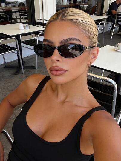 Retro Oval Narrow Frame Black Fashion Fashion Glasses, Classic Plastic Frame For Women, Suitable For Outdoor Travel, Beach, Casual Wear, Summer UV Protection