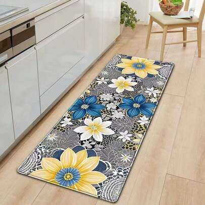 1pc Yellow, White And Blue Floral Retro Print Soft Kitchen Rug, Absorbent Non-Slip Carpet, 1.2cm Thick Sponge Cushion Mat, Comfortable Standing Pad, Suitable For Game Room, Living Room, Bedroom, Bathroom, Kitchen Sink, Laundry Room