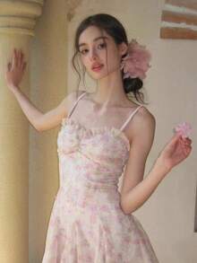 1pc Pastel Pink Mesh Multi-Layer Floral Hair Claw Clip, Fresh & Sweet Hair Accessory For Updo, Spring/Summer Summer Beach Vacay Hair Clips,Holiday,Travel - Pink - View 6