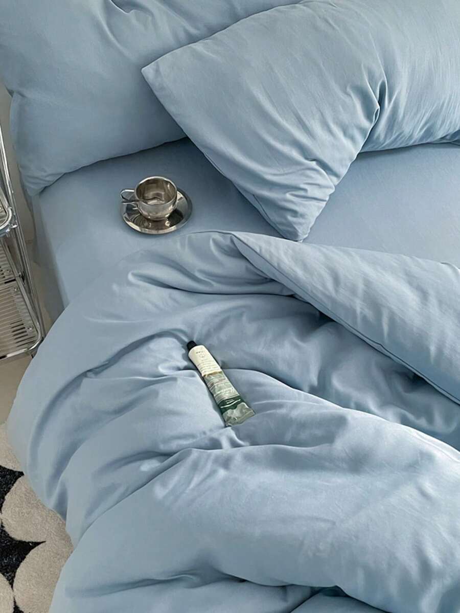 3pcs Solid Color Soft Polyester Fiber Duvet Cover Set - Baby Blue - View 1