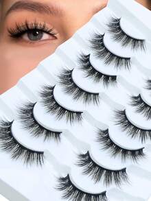 7对仿貂毛假睫毛套装，8-15毫米手工蓬松假睫毛，自然猫眼妆效，卡通风格假睫毛，自然逼真假睫毛 - 查看 2