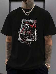 Printed T-Shirt Cotton Plus Size Men's Clothing, The Latest Ghost Face Killer Print Horror Theme Series Print Halloween Eve Print New T-Shirt All-Match-Essential For Daily Dressing |   Lightweight & Breathable | Loose Fit,Perfect For A More Casual Day At Work, Combining Style And Comfort,Vintage Shirt,A Cotton Shirts,Fashion Graphic Tees,Men's T-Shirt, Funny Graphic T Shirtsversatile And Essential T-Shirt Suitable For Festivals, Weekends, Weekdays, And Other Occasions, Celebrating Festival With Popular New Printed Patterns, Cool And T. Rendy, Versatile And Handsome, Sleeves Round Neck Design For Comfort And Versatility, Personalized Print Pattern On The Front, Showcasing Excellent Quality Taste Fresh Classic Sporty Casual Round Neck Tee Machine Washable,Navidad, Halloween, Acción De Gracias ,Y2K,Oversized Shirt Men,Summer Tops - 黑色2 - 查看 1