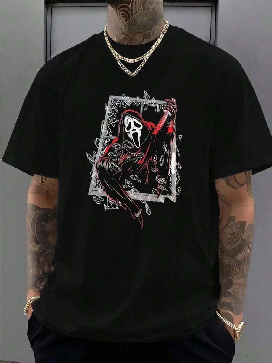 Printed T-Shirt Cotton Plus Size Men's Clothing, The Latest Ghost Face Killer Print Horror Theme Series Print Halloween Eve Print New T-Shirt All-Match-Essential For Daily Dressing |   Lightweight & Breathable | Loose Fit,Perfect For A More Casual Day At Work, Combining Style And Comfort,Vintage Shirt,A Cotton Shirts,Fashion Graphic Tees,Men's T-Shirt, Funny Graphic T Shirtsversatile And Essential T-Shirt Suitable For Festivals, Weekends, Weekdays, And Other Occasions, Celebrating Festival With Popular New Printed Patterns, Cool And T. Rendy, Versatile And Handsome, Sleeves Round Neck Design For Comfort And Versatility, Personalized Print Pattern On The Front, Showcasing Excellent Quality Taste Fresh Classic Sporty Casual Round Neck Tee Machine Washable,Navidad, Halloween, Acción De Gracias ,Y2K,Oversized Shirt Men,Summer Tops - 黑色2 - 查看 1